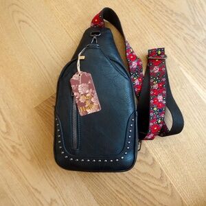NWT Sam & Hadley Vegan Black Leather Red Embroidered Guitar Strap Crossbody Bag